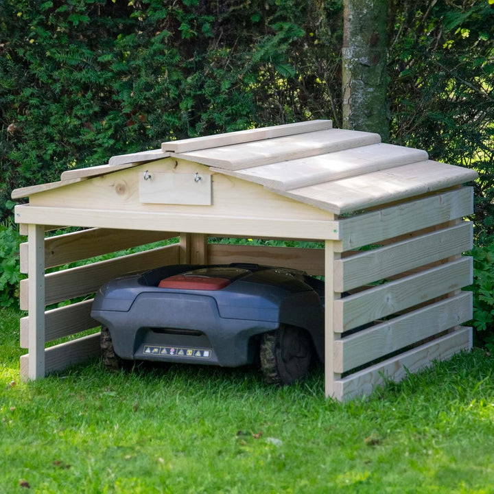 dobar® Mähroboter Garage aus Holz mit abnehmbarem Dach - Rasenroboter Unterstand mit individualisier