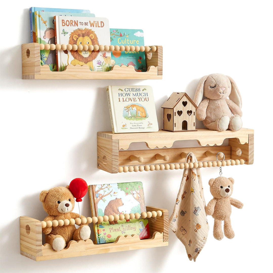 Bücherregal Kinder Wand, 40cm Wandregal Kinderzimmer, 3er-Set Holz Schweberegale für Kinderzimmer, B
