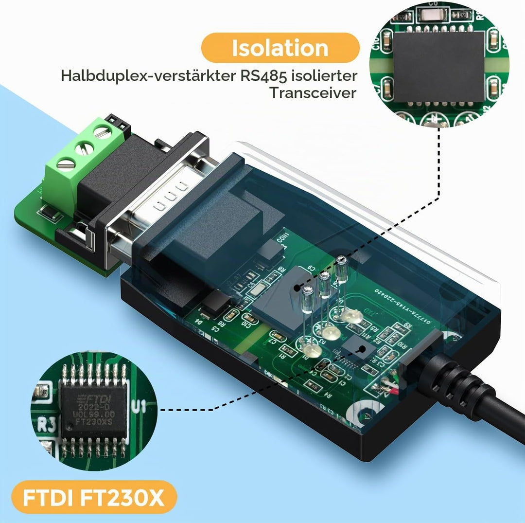 Industrieller USB 2.0 auf RS485 Konverter-Adapter basierend auf FTDI FT230 Chip, eingebauter ESD-Sch