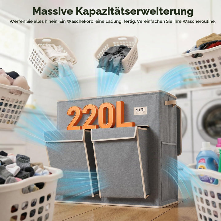 SOLEDI 220L Wäschekorb mit Deckel, Wäschesammler 3 Fächer mit 2 Seitentaschen, Laundr Baskets mit 3