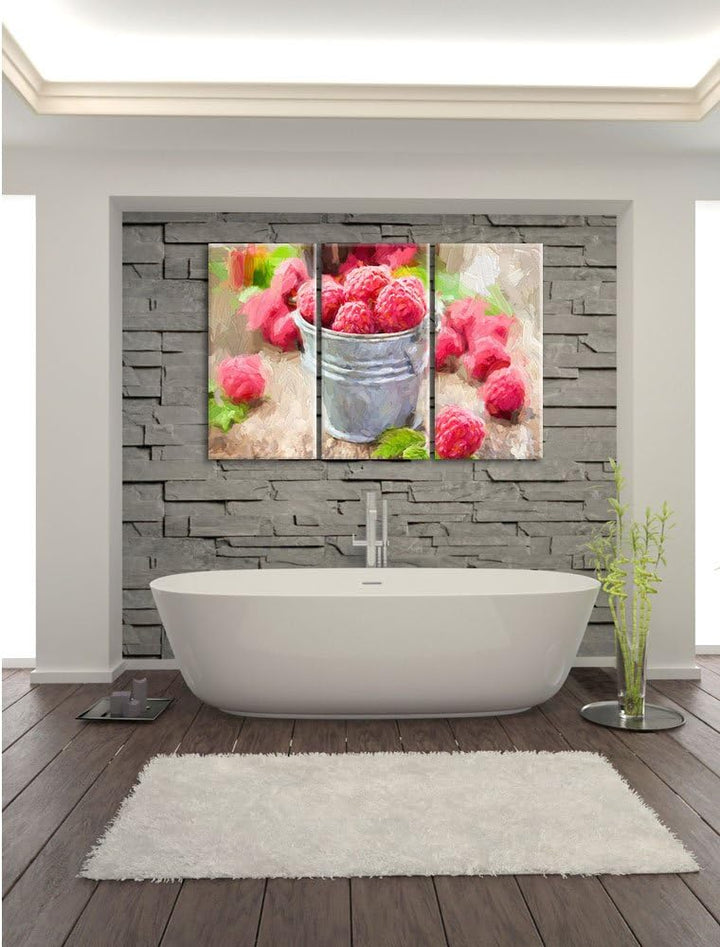 Pixxprint Himbeeren im Blecheimer als Leinwandbild/Grösse: 3 Teilig (120x80 cm) cm/Wandbild/Kunstdru