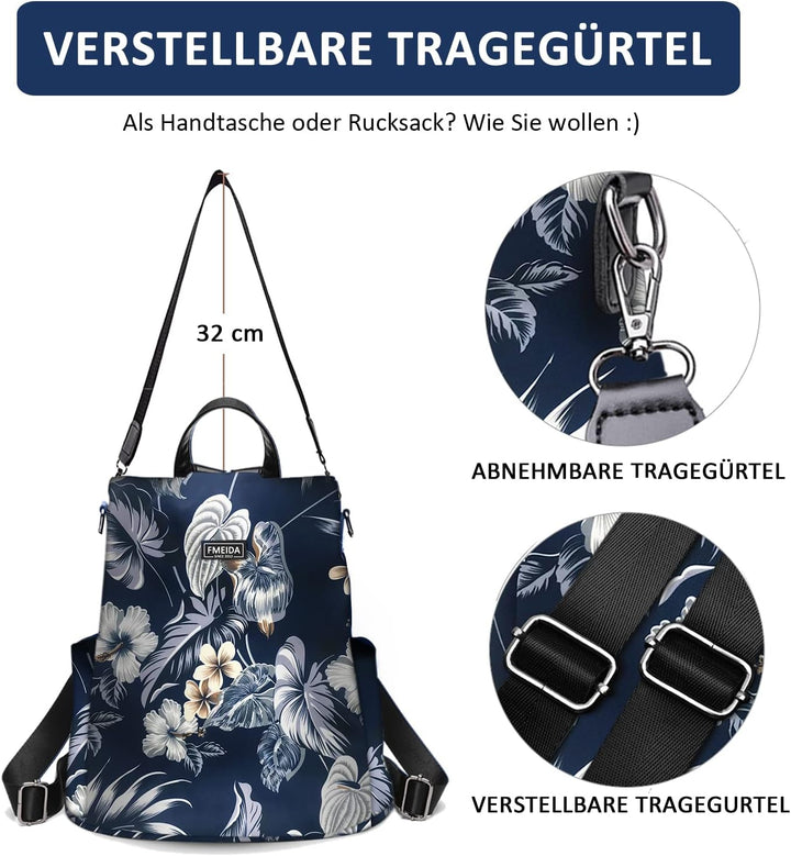 Fmeida Rucksack Damen Anti Diebstahl Nylon Handtaschen Wasserdichte 2 in 1 Schultertasche Casual Day