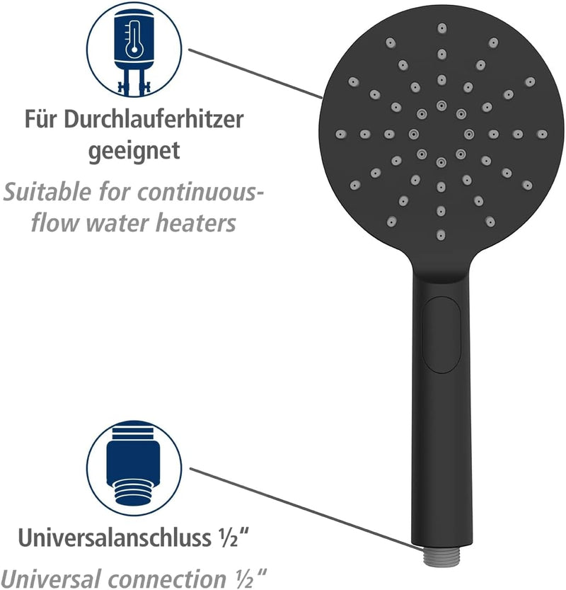 WENKO Duschkopf Design Schwarz, langlebige Universal-Handbrause, stilvolle Duschbrause mit 3 Strahla