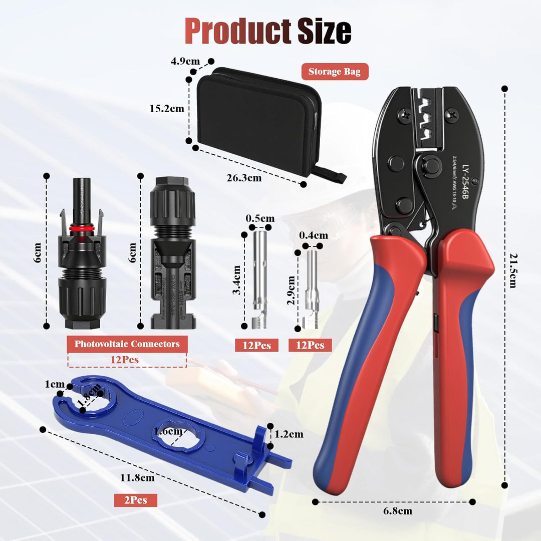 Solar Crimpzange Set für 2.5/4/6mm² PV Kabel, mit 1 MC4 Crimpzangen, 12 Paar Kabelstecker, 12 Paar M