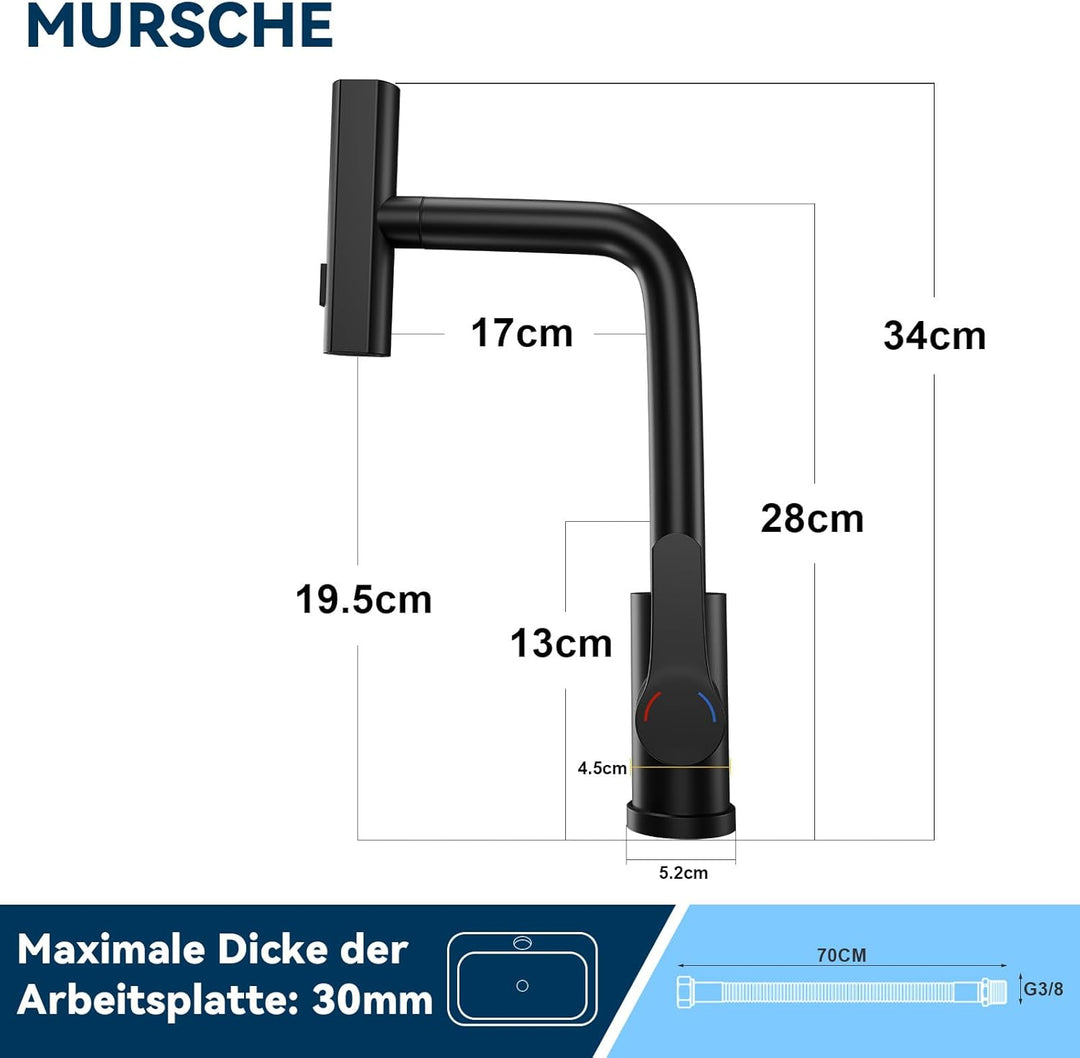 Wasserhahn Küche Küchenarmatur Schwarz - Waterfall Spültischarmatur Ausziehbar mit Brause Mischbatte