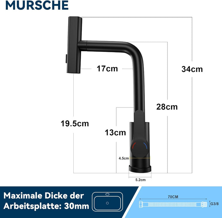 Wasserhahn Küche Küchenarmatur Schwarz - Waterfall Spültischarmatur Ausziehbar mit Brause Mischbatte