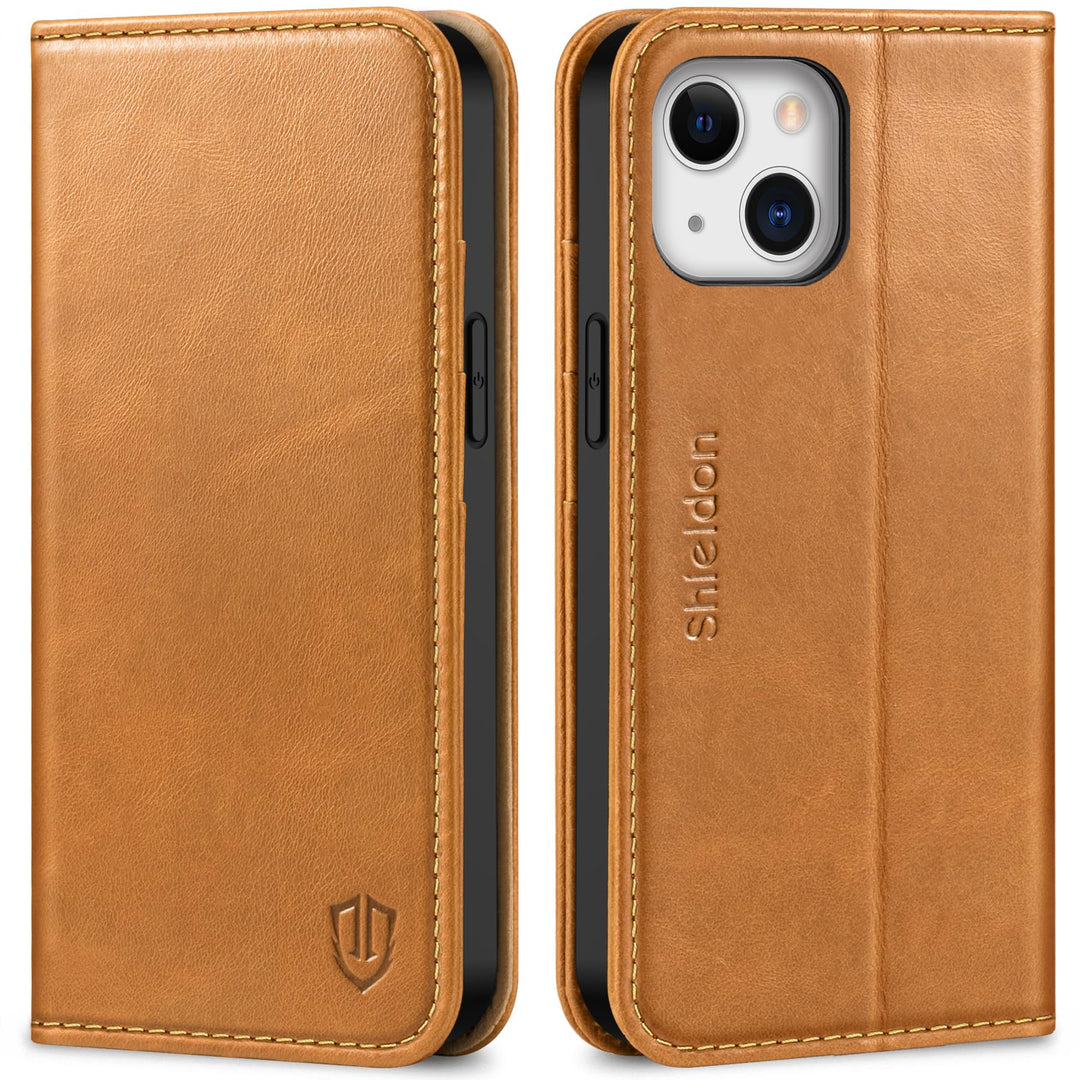 SHIELDON Hülle für iPhone 13 Mini, Schutzhülle [Rindsleder] [Stossfest] [Kartenfächer] [Magnetversch