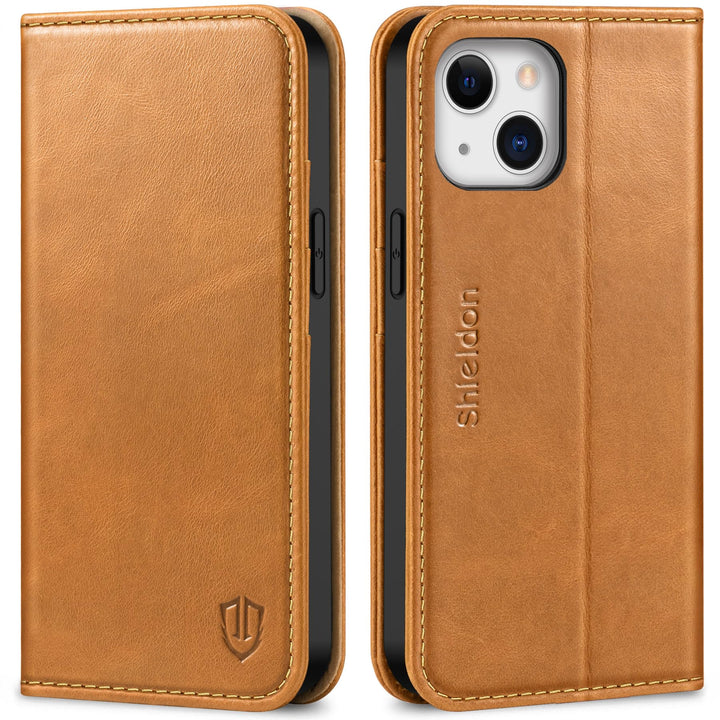 SHIELDON Hülle für iPhone 13 Mini, Schutzhülle [Rindsleder] [Stossfest] [Kartenfächer] [Magnetversch