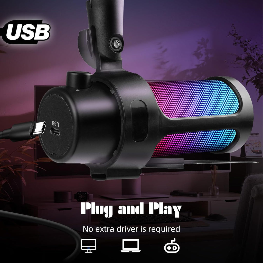 VCOM Gaming Mikrofon mit Arm, USB Microphone Kit mit RGB Modi, Mute, Pop-Filter, PC Mikrofon für Pod