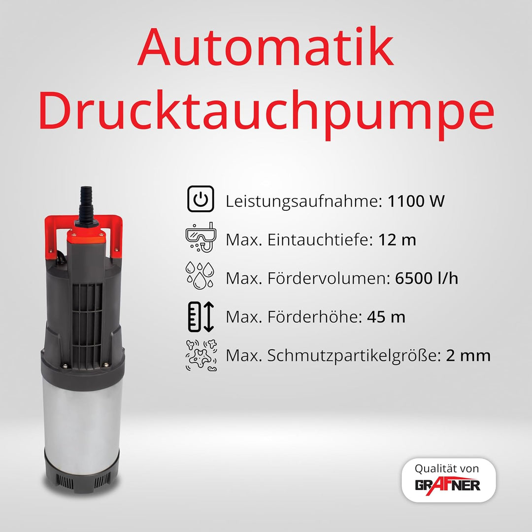 Grafner Automatik Drucktauchpumpe mit 1100 Watt und Rückschlagventil, 6500 l/h, max. 4,5 bar, Förder
