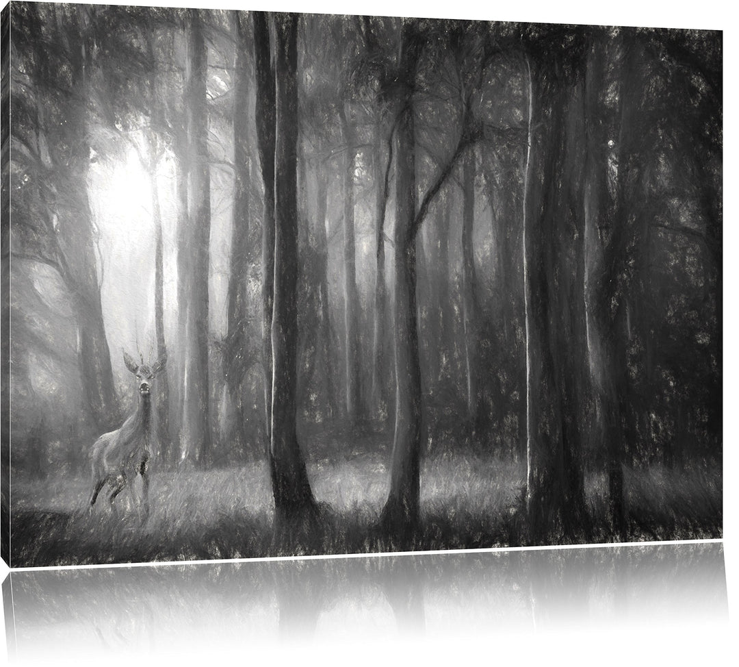 Pixxprint Einsamer Hirsch im tiefen Wald Kunst Kohle Effekt, Format: 100x70 auf Leinwand, XXL riesig