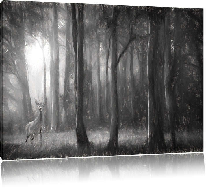 Pixxprint Einsamer Hirsch im tiefen Wald Kunst Kohle Effekt, Format: 100x70 auf Leinwand, XXL riesig