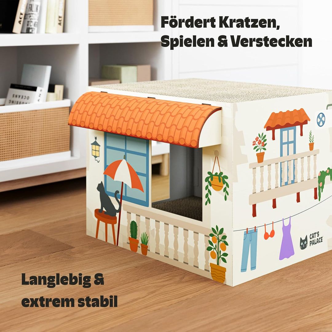 Cat’s Palace Katzenhaus Mediterrane Finca – Rückzugsort &amp; Kratzmöbel mit 2 Kratzflächen für Katzen |