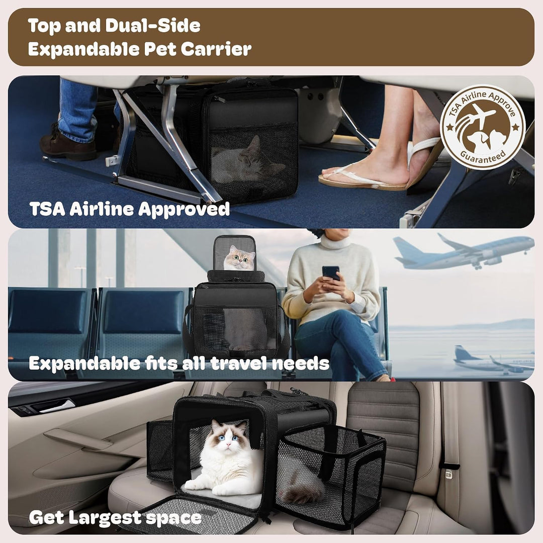 Top and 2 Sides Expandable Pet Carrier 17x11x9.5, TSA Airline Approved Small Dog Carrier for Small D