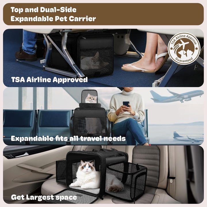 Top and 2 Sides Expandable Pet Carrier 17x11x9.5, TSA Airline Approved Small Dog Carrier for Small D