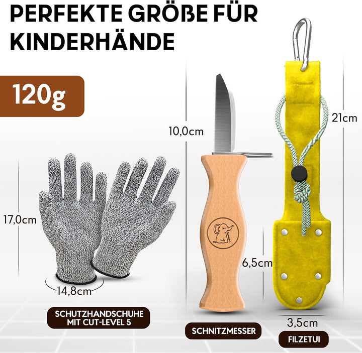 Eli® Schnitzmesser für Kinder mit Schnitzholz und Filztasche ab 6 Jahre Gelb mit Schnitzholz, Gelb m