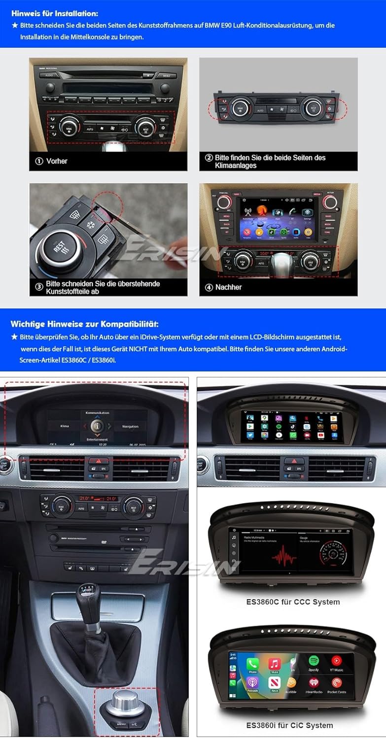 Erisin 8 Kern Android 14 Autoradio GPS Navigation für BMW 3er E90 E91 E92 E93 Wireless CarPlay Andro