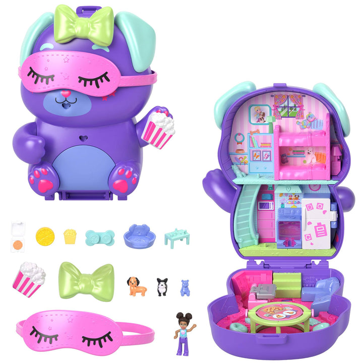 Polly Pocket Puppen und Spielset, Übernachtungsparty-Welpen-Schatulle, Spielzeug für unterwegs mit 1