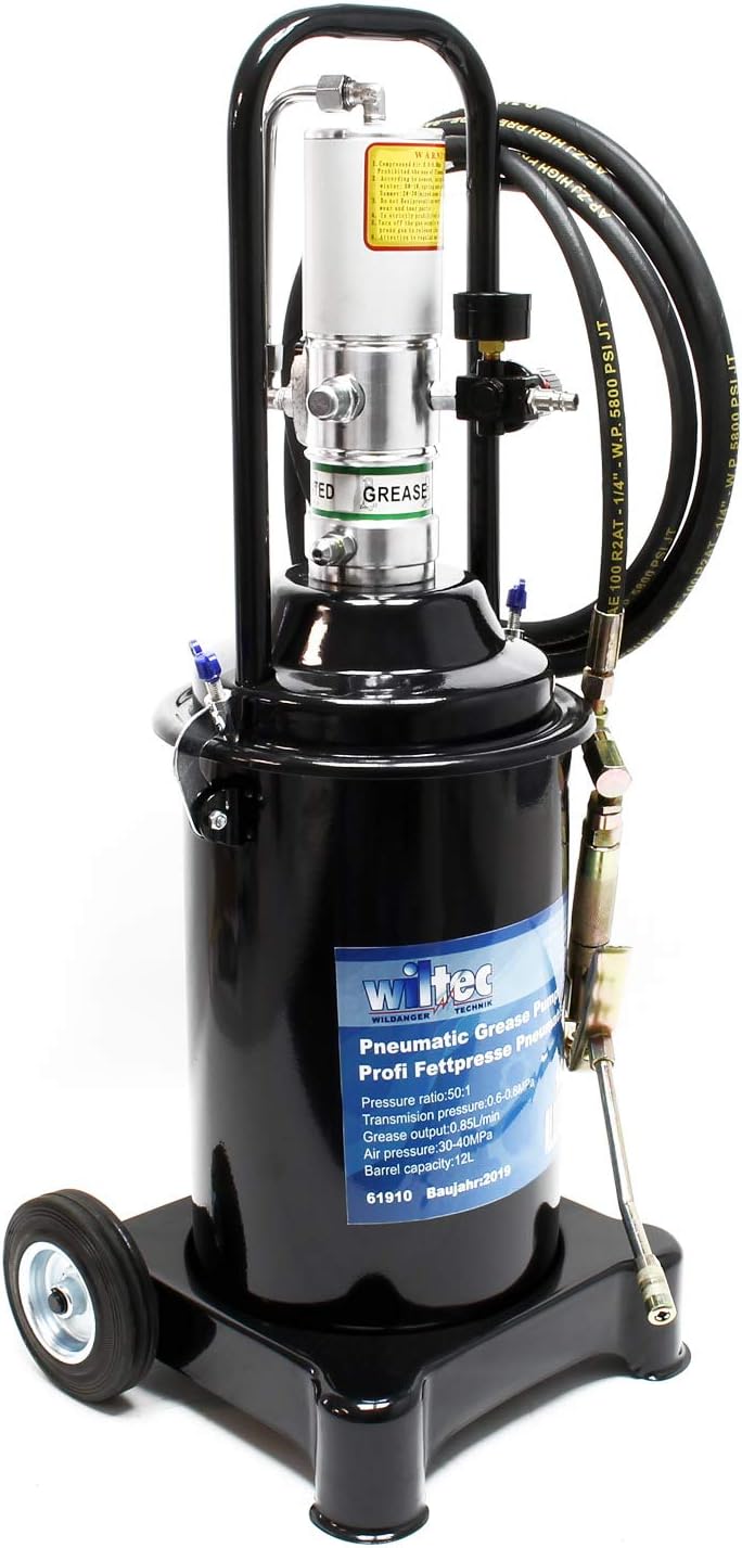 Wiltec Profi Fettpresse fahrbar mit Druckluft betrieben und 12 Liter Tank pneumatische Abschmierpres