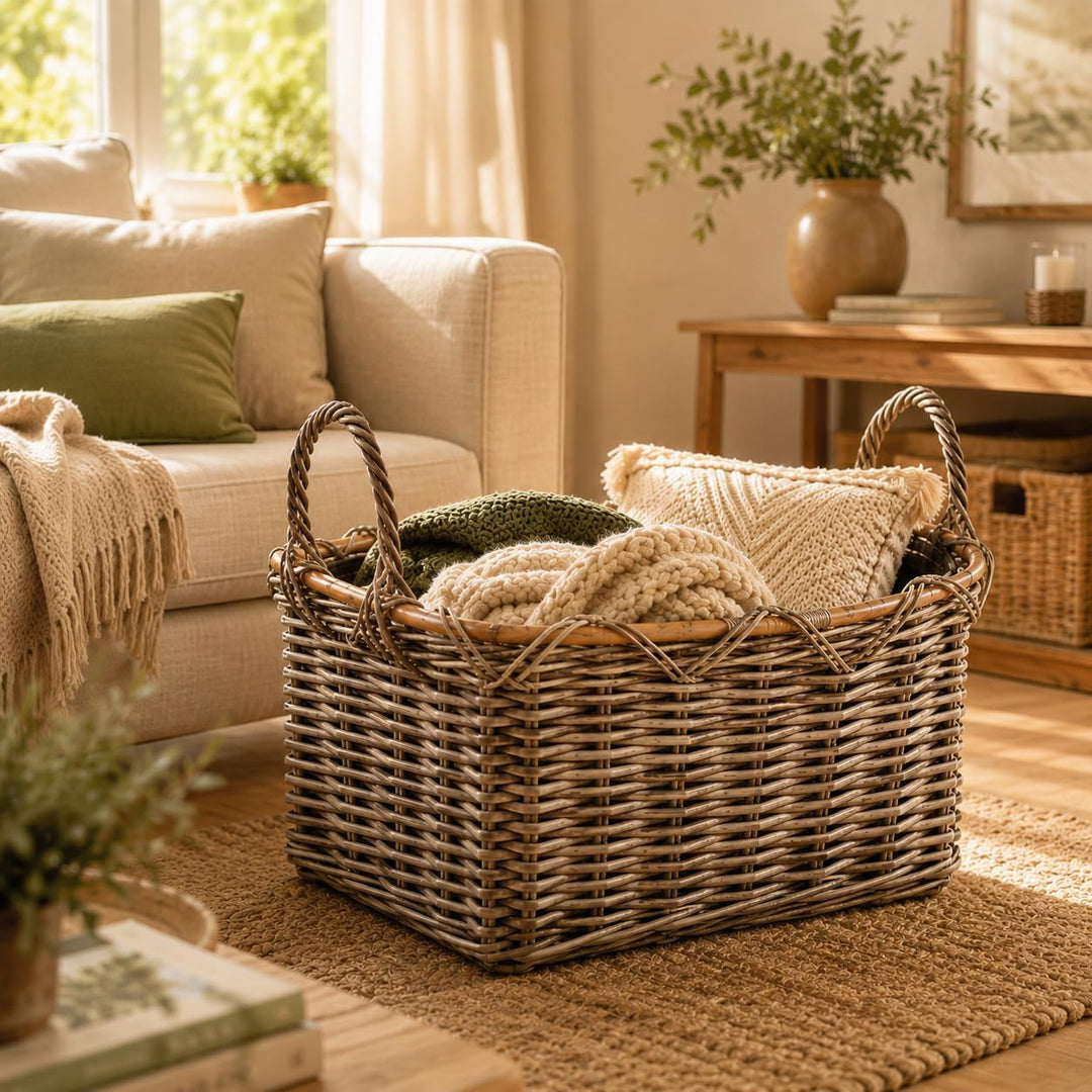 Kobolo Holzkorb Kaminkorb rechteckig Kubu grey - Rattan - Stoff dunkel Kubu Grau Stoff, Kubu Grau St