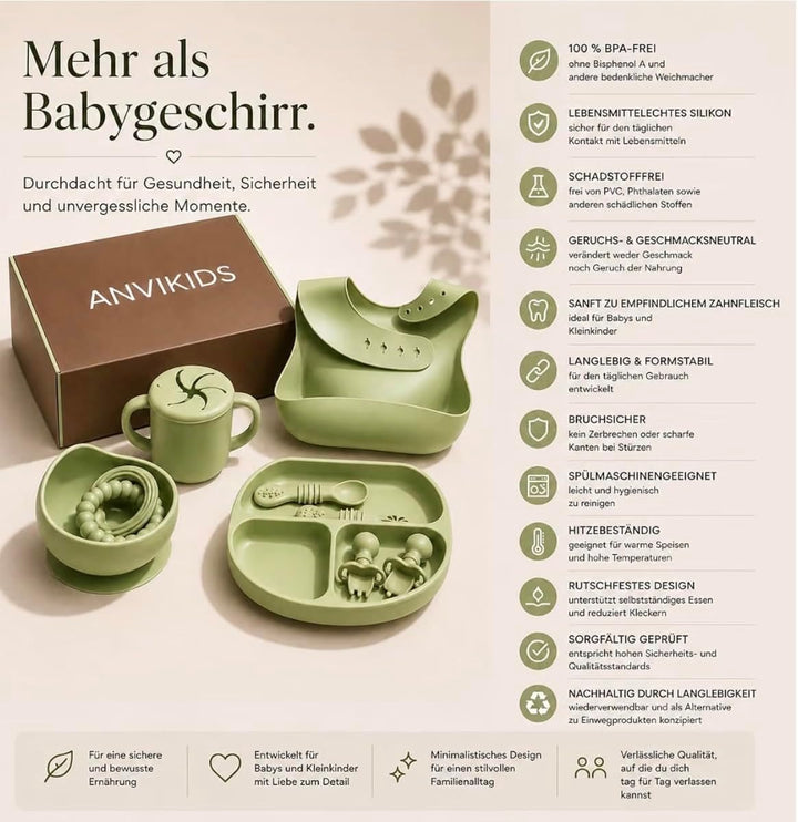 Baby Geschirr Set aus Silikon mit Saugnapf Salbeigrün, Salbeigrün