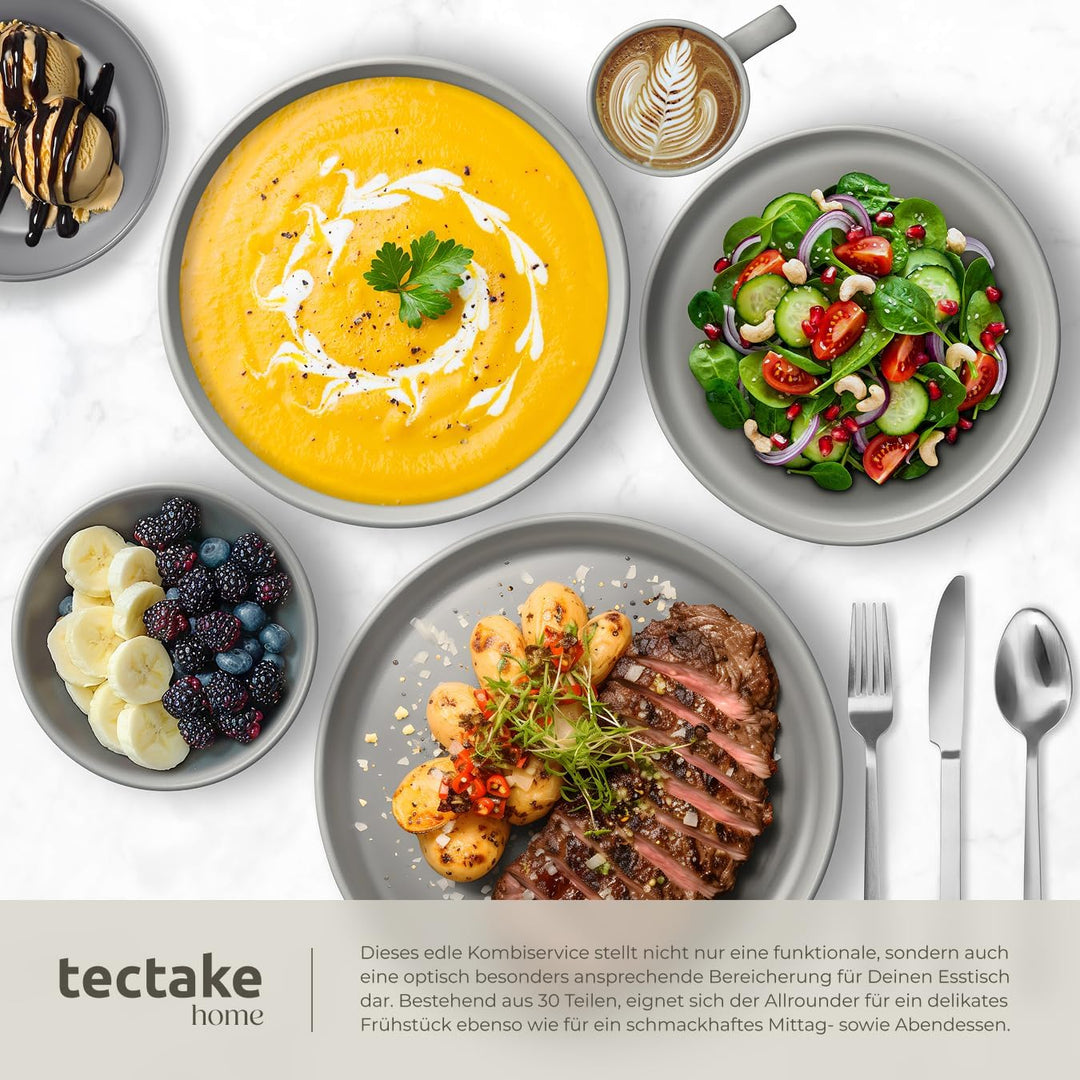 tectake® Küchenstarterset 6 Personen, Steingut Geschirr Set, Teller, 4 Töpfe 2 Pfannen rostfreies Al