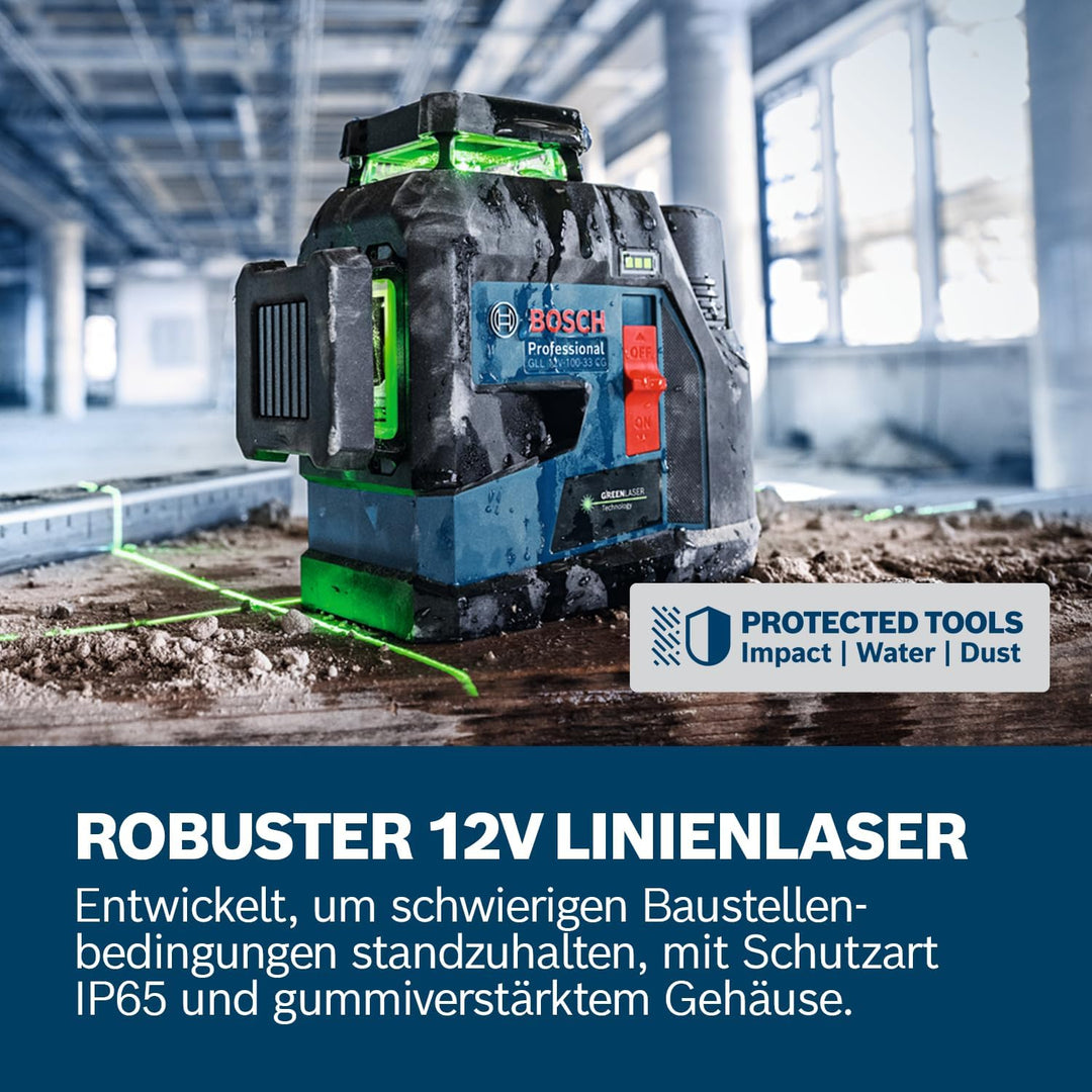 Bosch Professional Linienlaser GLL 12V-100-33 CG (3 x 360° grüner Laser, Arbeitsbereich 100 m (Radiu
