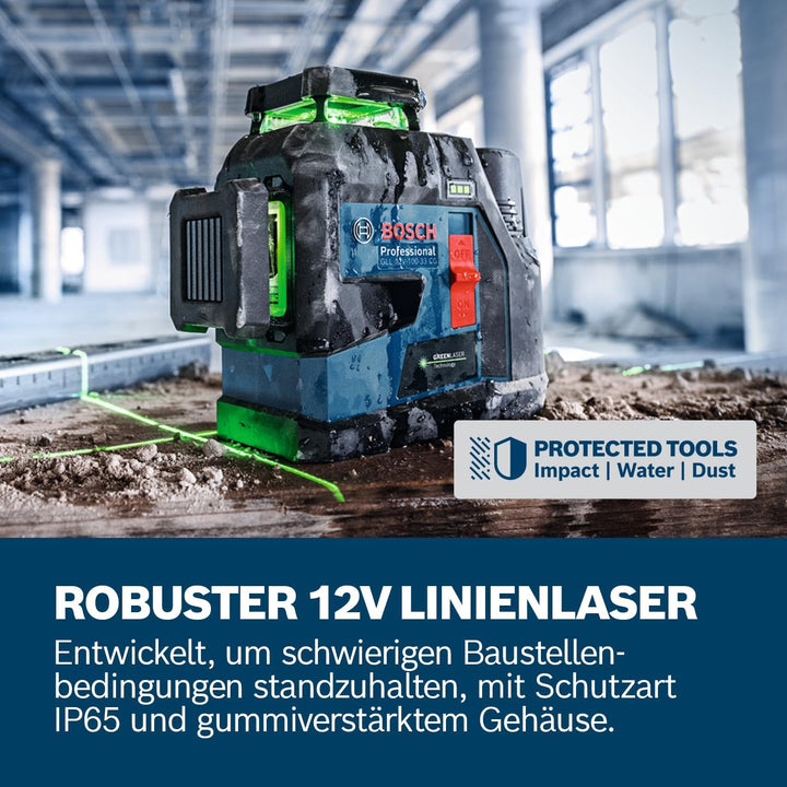 Bosch Professional Linienlaser GLL 12V-100-33 CG (3 x 360° grüner Laser, Arbeitsbereich 100 m (Radiu