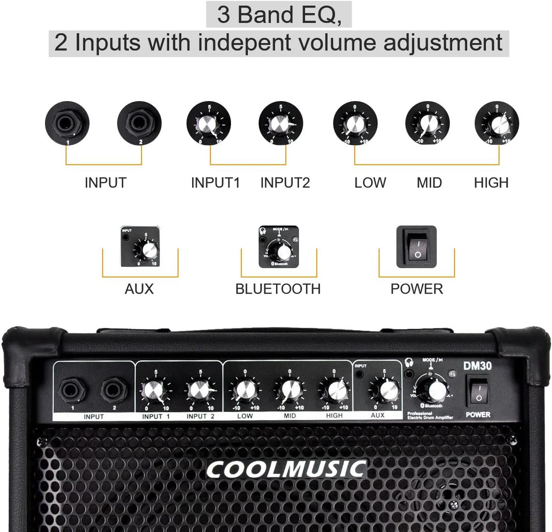 Coolmusic DM30 AMP 30 Watt Elektronischer Schlagzeugverstärker Keyboard-Verstärker mit Aux In und Bl