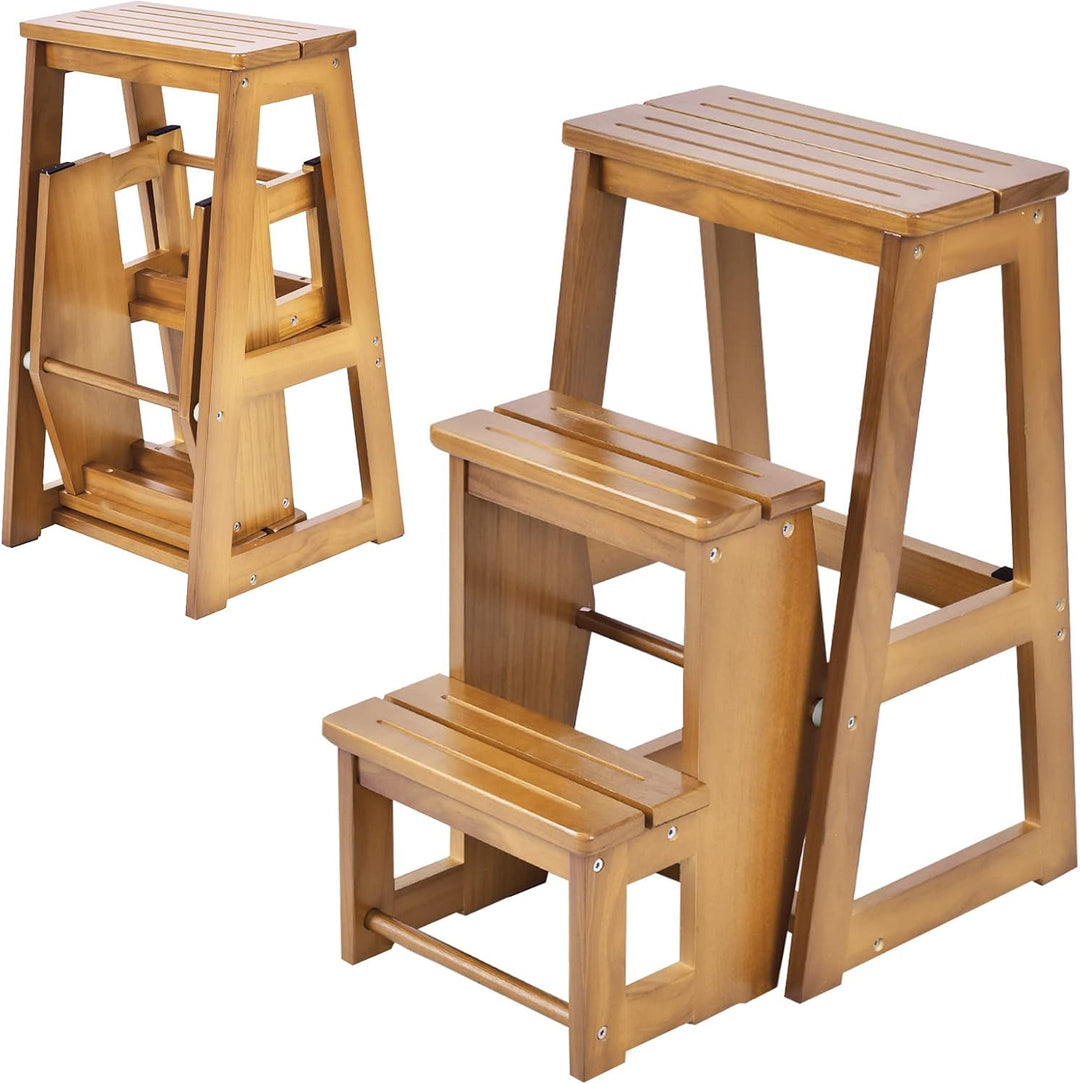 GIANTEX Leiterstuhl Holz 3 Stufen, Trittleiter Tritthocker klappbar Trittstuhl, Hocker Leiter Holzle