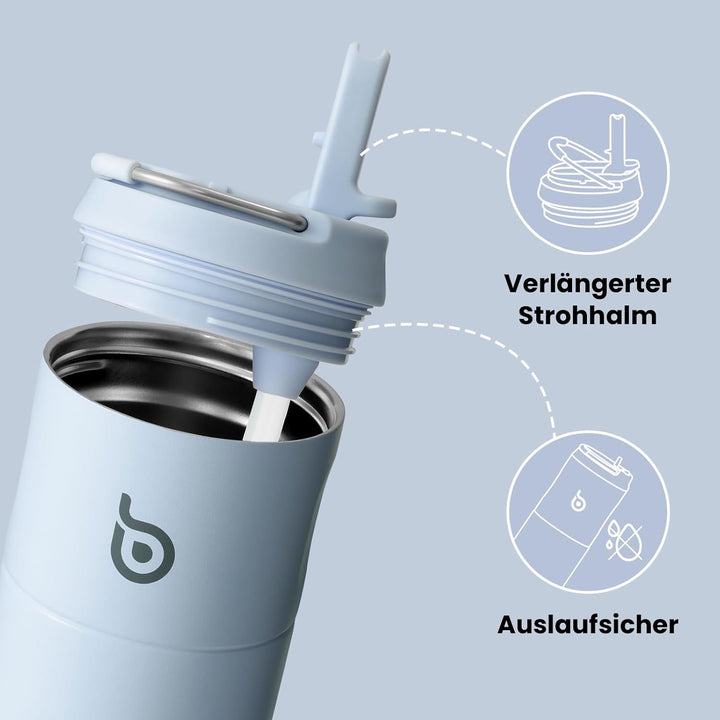 bottlebottle Edelstahl Trinkflasche mit Strohhalm 500ml, auslaufsichere Sportwasserflasche, ideal fü