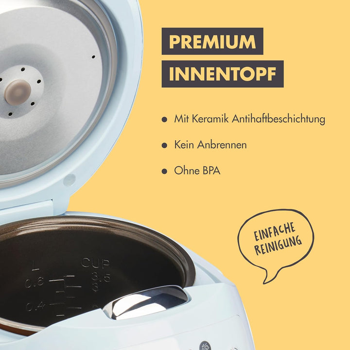 REISHUNGER Digitaler Reiskocher klein, hellblau | 0,6 L bis 3 Personen | Warmhaltefunktion, Timer &