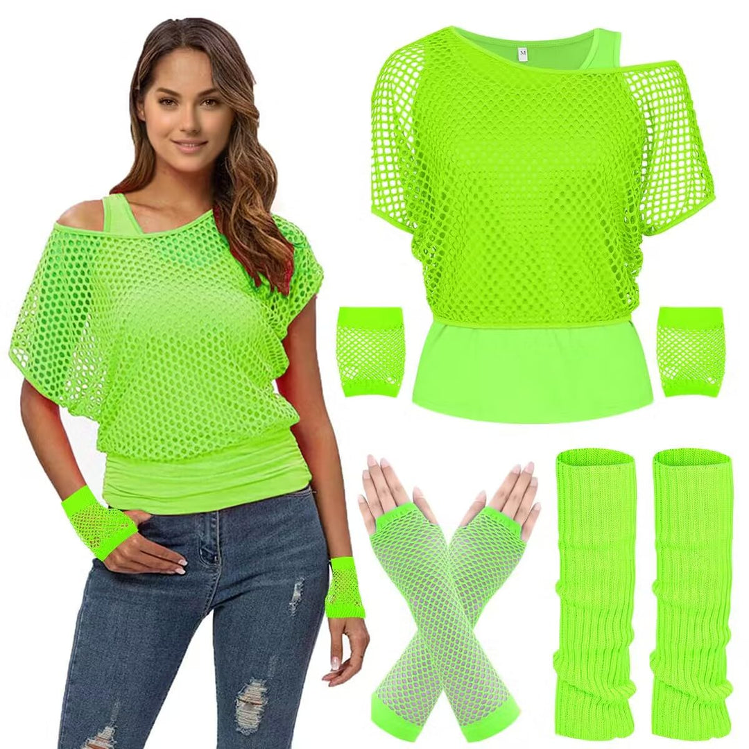 WILDPARTY 80er 90er Jahre Outfit Damen, Netzshirt, Tank top, Beinwärmer, Netzhandschuhe, Kostüm 80er