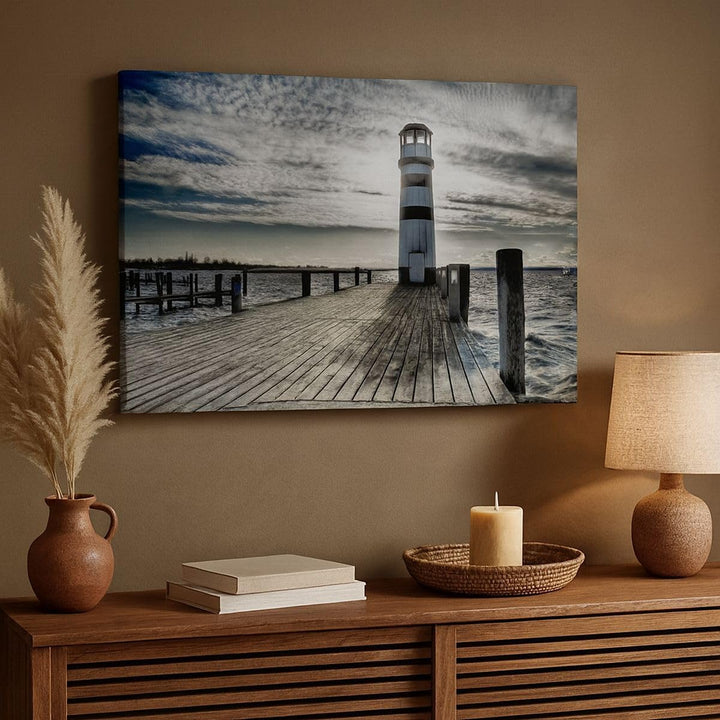 Bilder auf Leinwand 100x70cm Leinwandbild See Leuchtturm Holzbrücke Wasser Gross Wanddeko Bild Schla