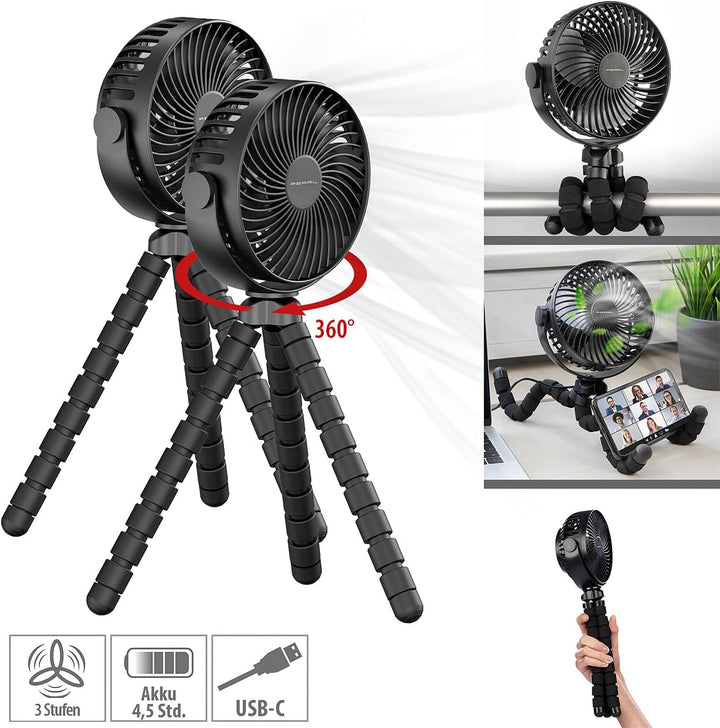 PEARL Kinderwagen Ventilator: 2er-Set 360°-Akku-Handventilatoren mit Stativ, 3 Geschwindigkeiten (Ge