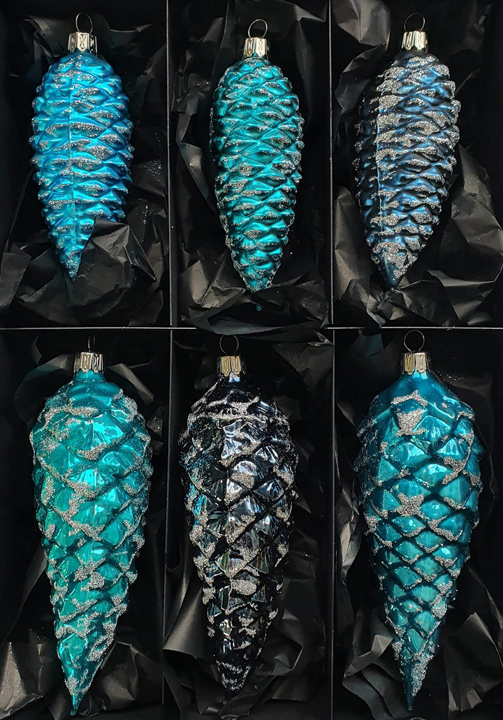 Thüringer Christbaumschmuck Exclusiv Petrol Türkis Blau Zapfen 12+16cm Handarbeit Germany 6er Set