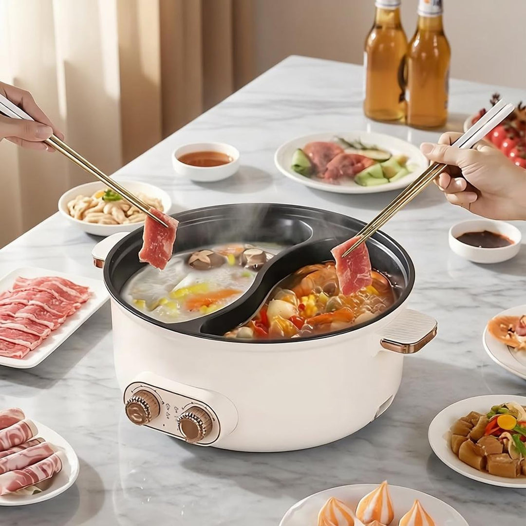 Hot Pot Elektrisch, 7.5L Doppelter Topf mit Zwei Reglern, 1600W Elektrischer Kochtopf mit Trennwand