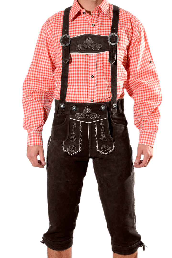 Bayerische Premium Herren Trachten Lederhose, Trachtenlederhose mit Trägern, original in Dunkelbraun
