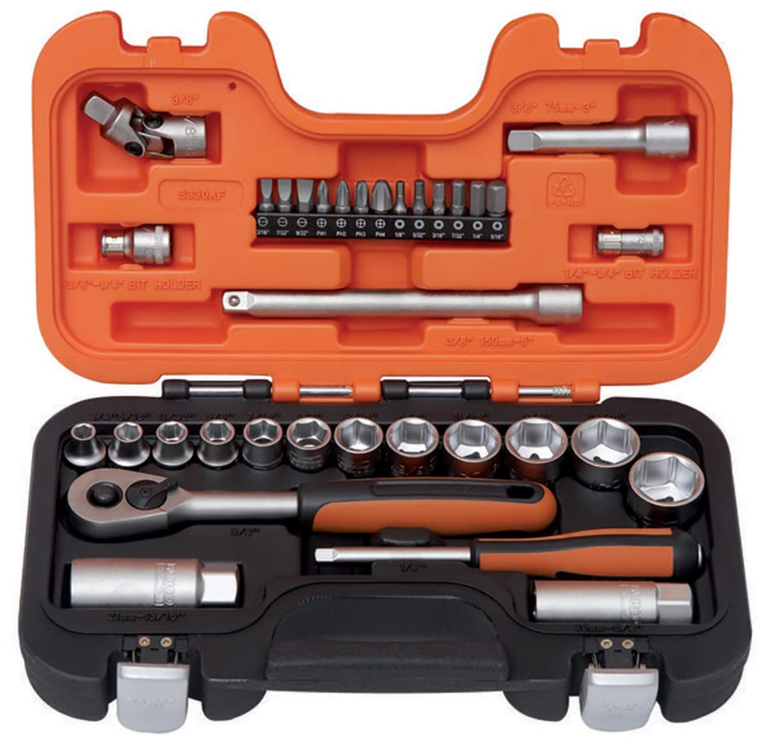 Bahco S330AF Steckschlüssel-Satz 3/8 y 1/4", 34 Stück 1/4 Plus 3/8-Inch Bunt, 1/4 Plus 3/8-Inch Bunt