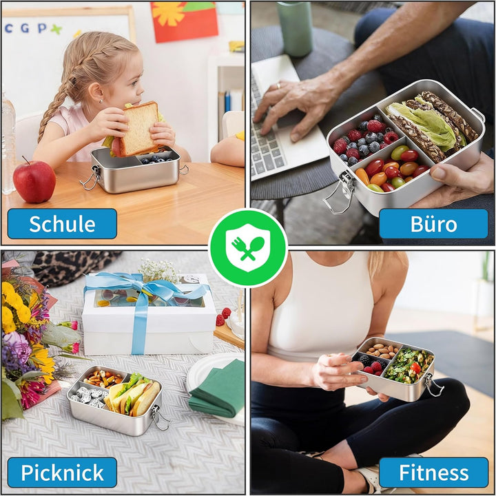 Onader Edelstahl Brotdose mit Fächern 2er Set, 850ml & 1400ml Bento Box Lunchbox mit Abnehmbar Trenn