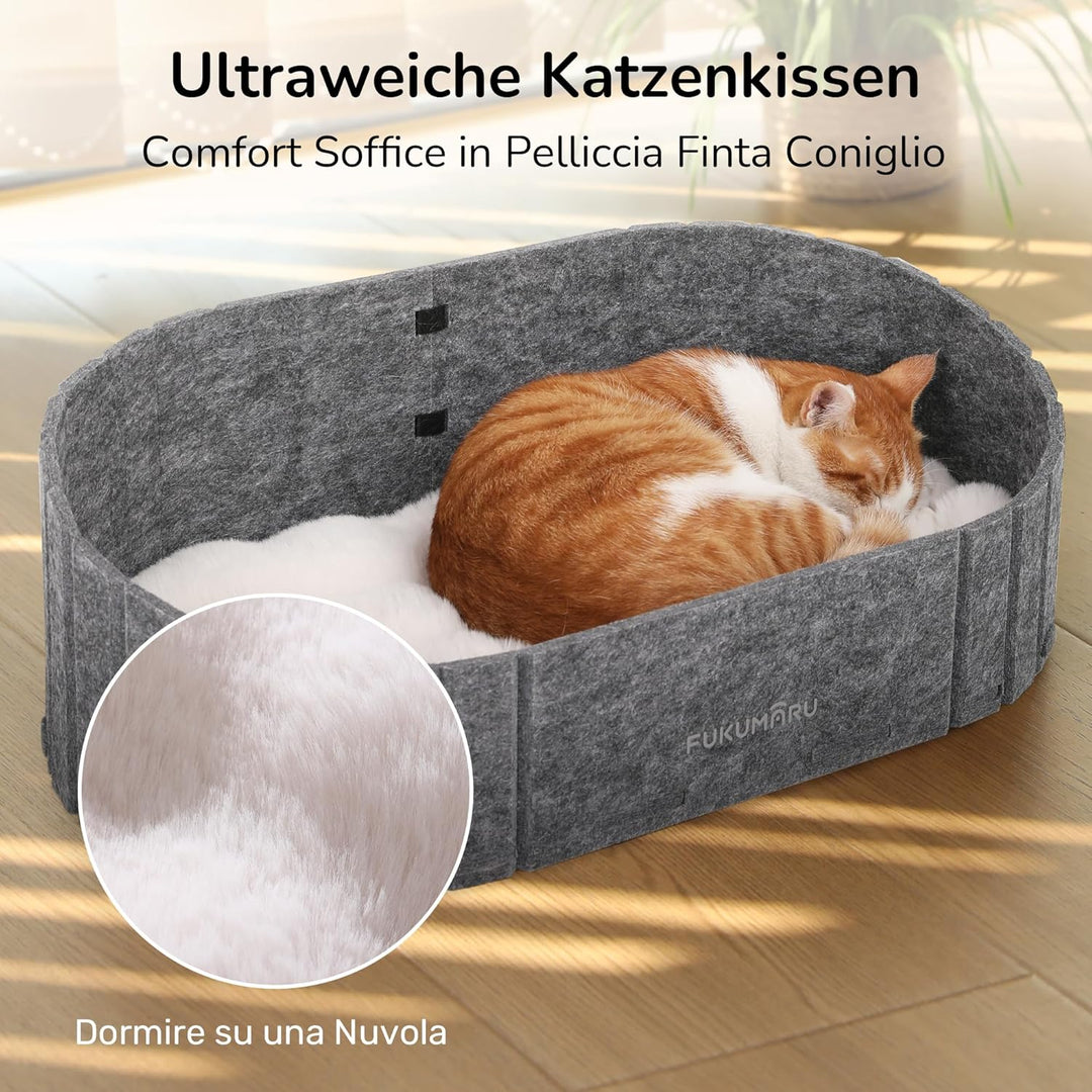 FUKUMARU Katzenbett, 61 cm grosses Katzen-Couchbett mit gemütlichem Kunstkaninchenfell-Kissen, Filz-