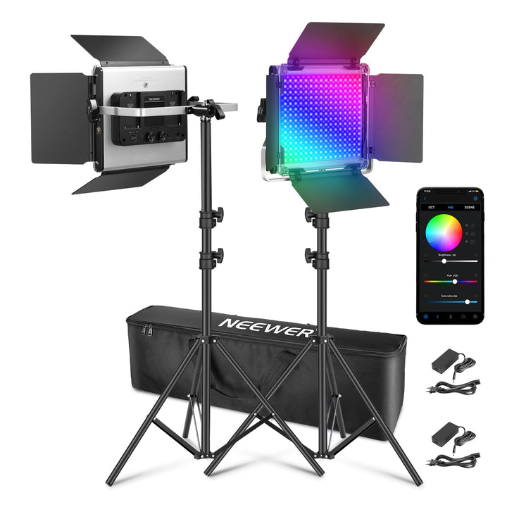 NEEWER 2X Verbesserte 660 PRO II 50W RGB LED Videoleuchte Panel Set Stative Ständer mit App Steuerun