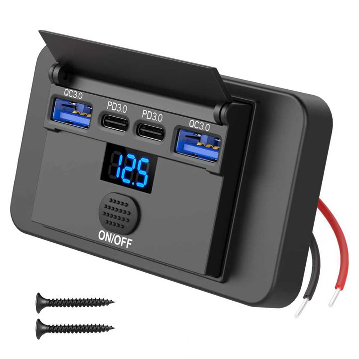 84W 4 Anschlüsse 12V USB-Anschluss, Aufputzmontage mit Voltmeter, 36W PD und Zwei 18W QC 3.0 – Leich