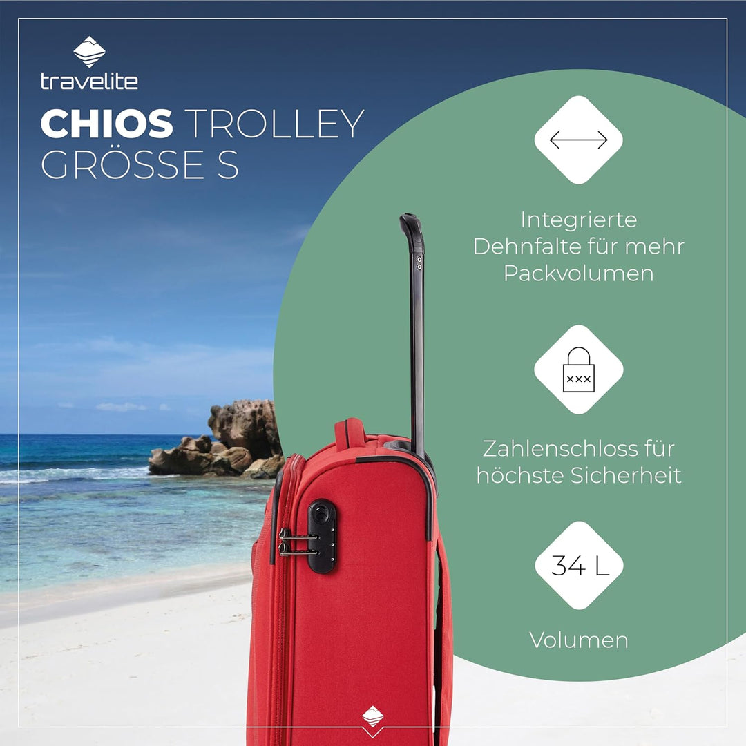Travelite Handgepäck Trolley klein, Chios, Weichschale, 55x39x20 cm, 2,4 kg, mit 4 Doppelrollen & Za