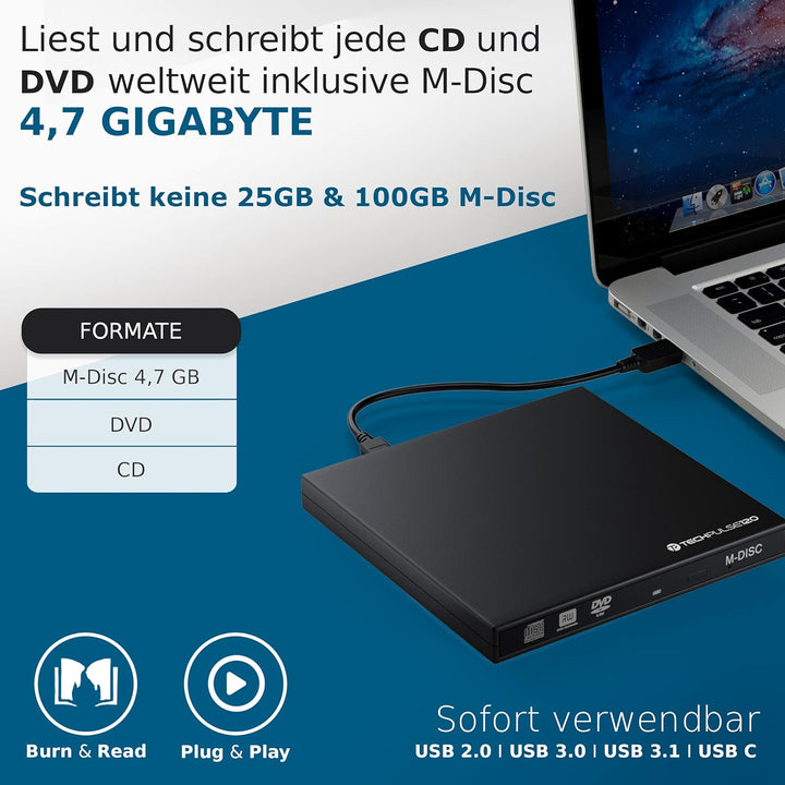 techPulse120 USB 3.0 & Typ-C M-Disc externer DVD CD Brenner Writer Reader DVDRW CDRW Burner SuperDri