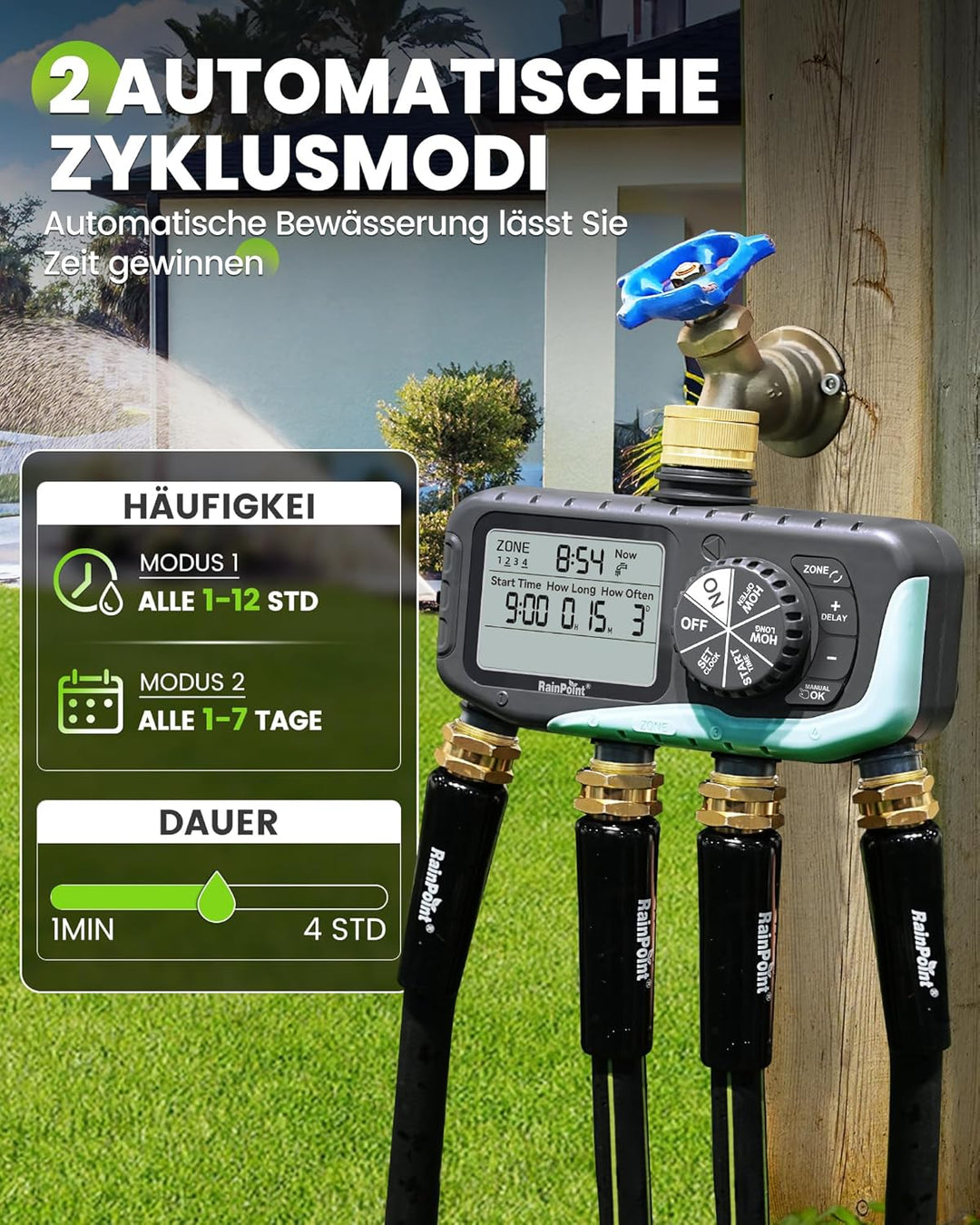 RAINPOINT Bewässerungscomputer 4 Ausgänge, Messing Einlass und Auslass, IP65 Wasserdicht Wasserzeits