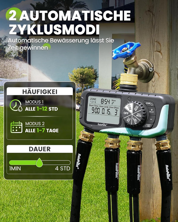 RAINPOINT Bewässerungscomputer 4 Ausgänge, Messing Einlass und Auslass, IP65 Wasserdicht Wasserzeits