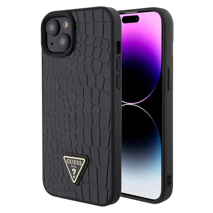 GUESS GUHCP15SPCRTHCK Hülle für iPhone 15 6.1" Schwarz hardcase Croco Triangle Metal Logo