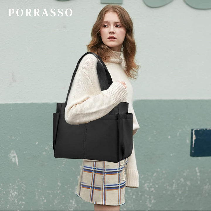PORRASSO Schultertasche Nylon Handtasche Damen Hobotasche Tote Shopper Henkeltasche für Schule Reise