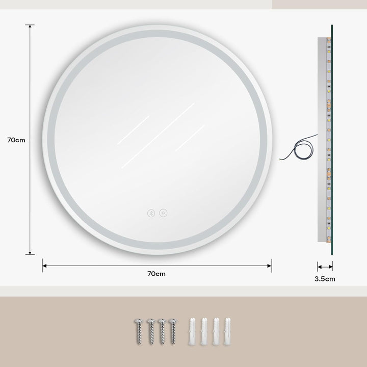 Dripex Badspiegel mit Beleuchtung Rund Led Spiegel mit Bluetooth-Lautsprecher und Touch-Schalter, Di